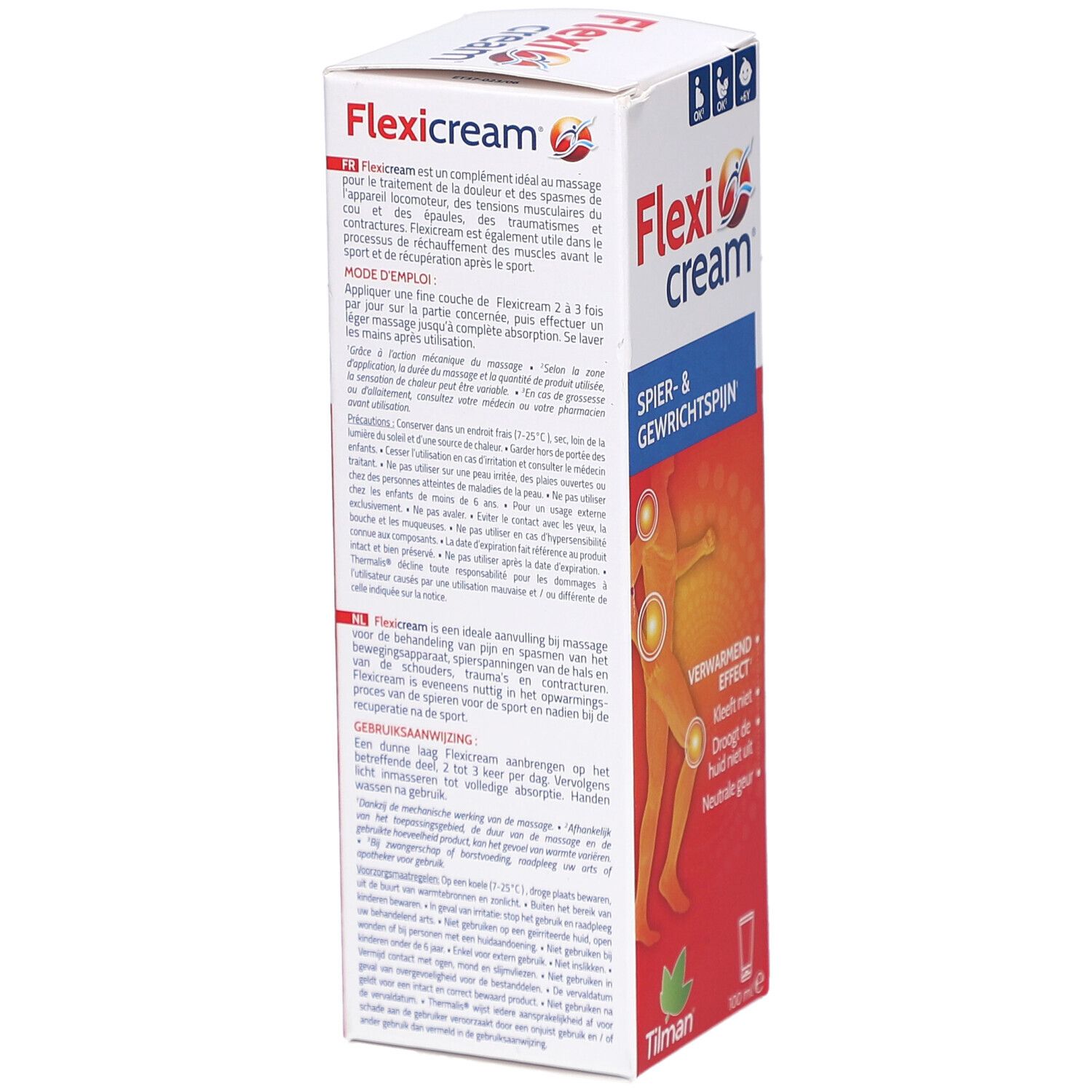 Flexi cream Verpackung. Aufschrift: Flexi cream, Muskel- & Gelenkschmerzen. Text und Illustrationen auf der Verpackung.