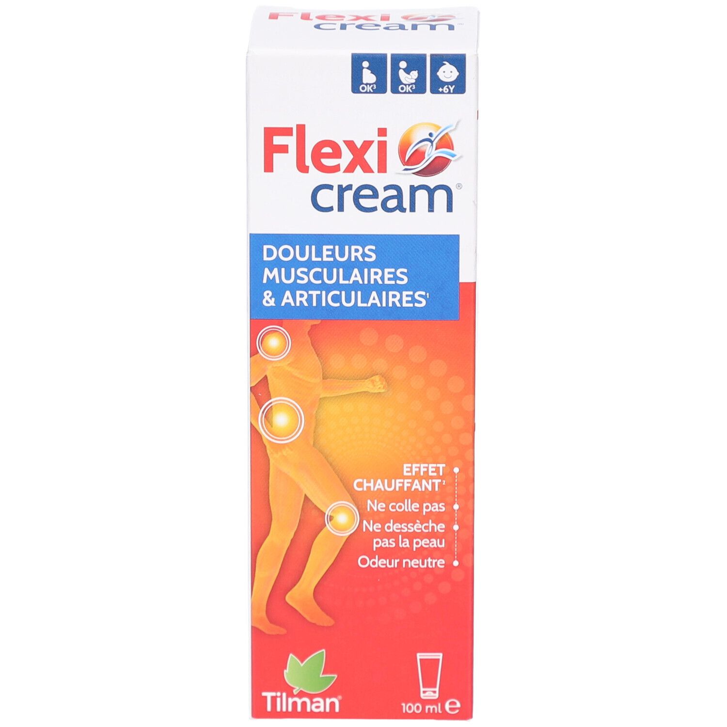 Flexi cream Verpackung. Aufschrift: Flexi cream, Schmerzen, Muskeln & Gelenke. Mit Illustration einer Person.
