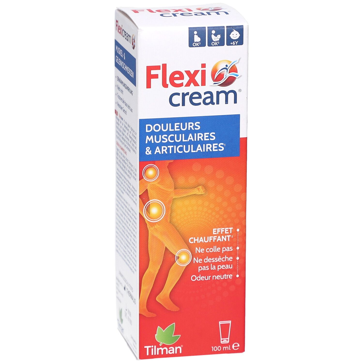 Flexi cream Verpackung. Aufschrift: Flexi cream, Muskel- & Gelenkschmerzen. Mit einer Holzpuppe.