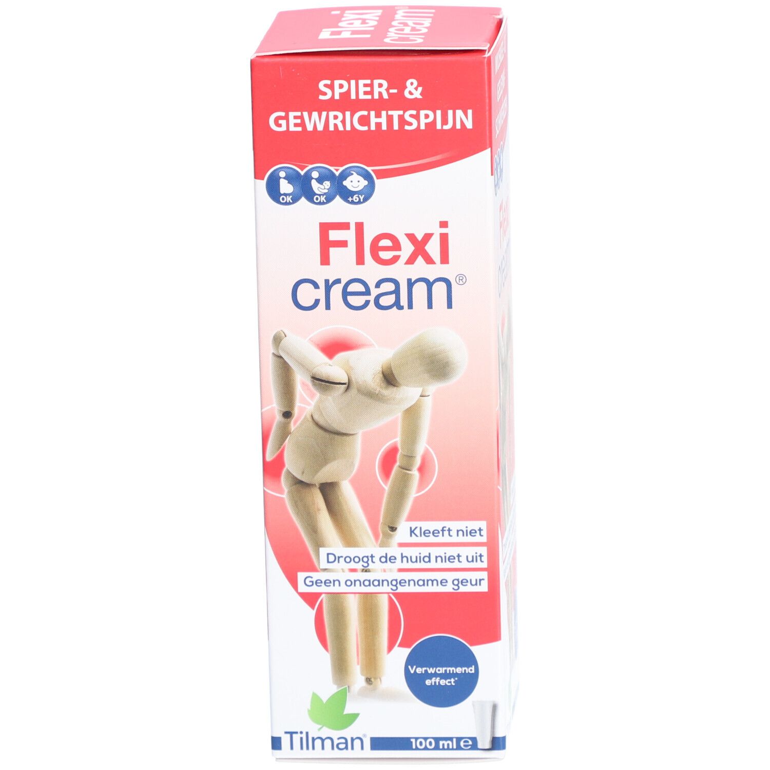 Flexi cream Verpackung. Aufschrift: Flexi cream, Muskel- & Gelenkschmerzen. Mit einer Holzpuppe.