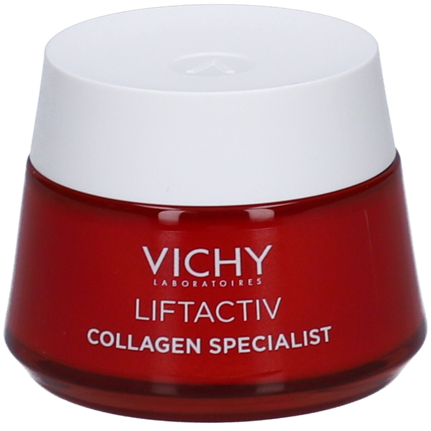 Rode pot met witte deksel. VICHY-logo en productnaam: Liftactiv Collagen Specialist.