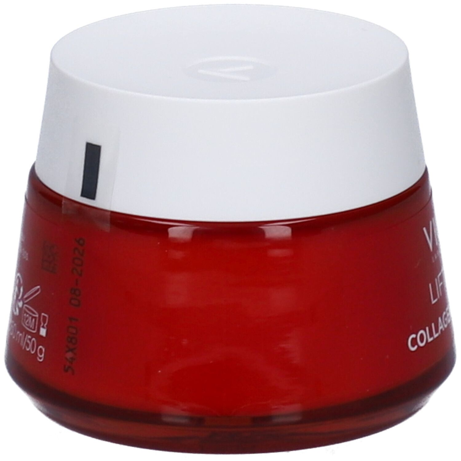 Rode pot met witte deksel. VICHY-logo en productnaam: Liftactiv Collagen Specialist. Achterkant.