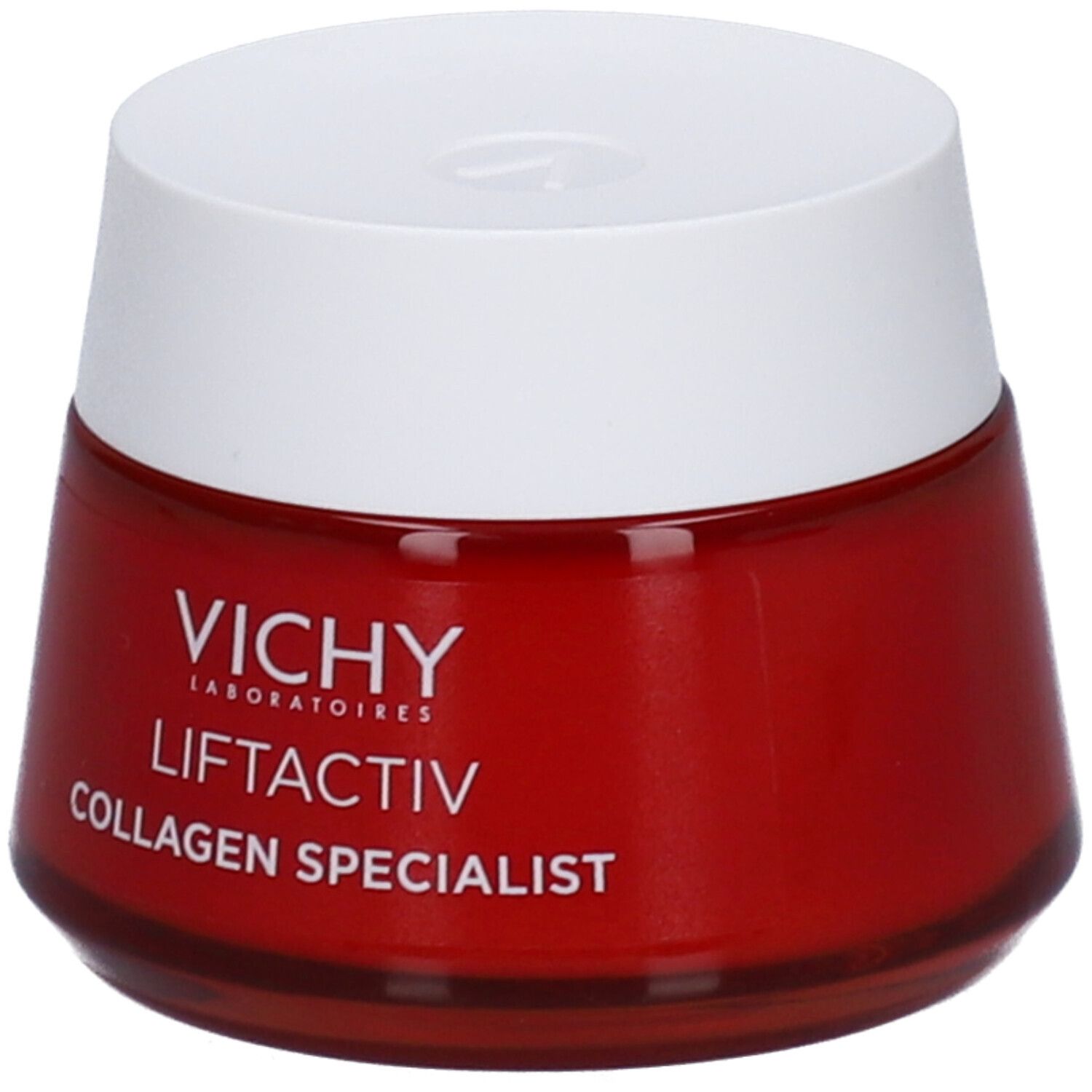 Rode pot met witte deksel. VICHY-logo en productnaam: Liftactiv Collagen Specialist.