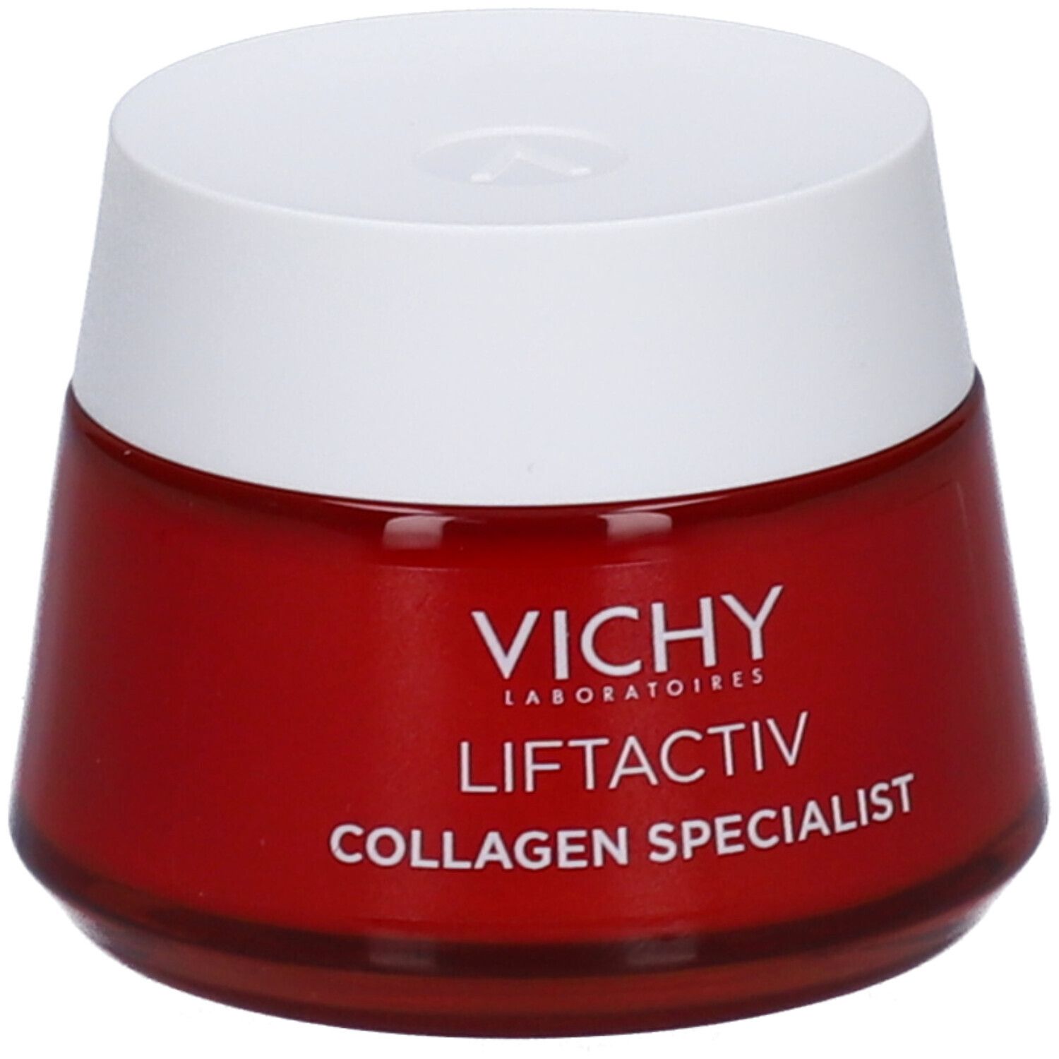 Rode pot met witte deksel. VICHY-logo en productnaam: Liftactiv Collagen Specialist.