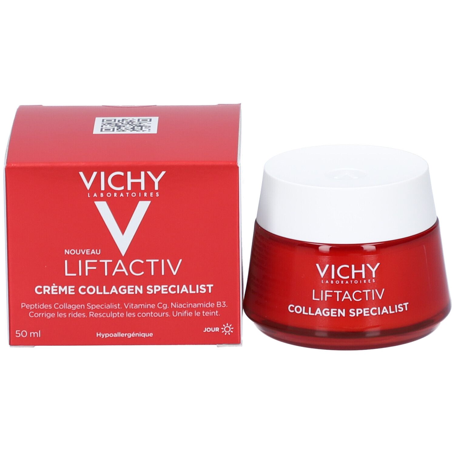 Rode verpakking en pot. VICHY-logo en productnaam: Liftactiv Collagen Specialist, 50 ml.