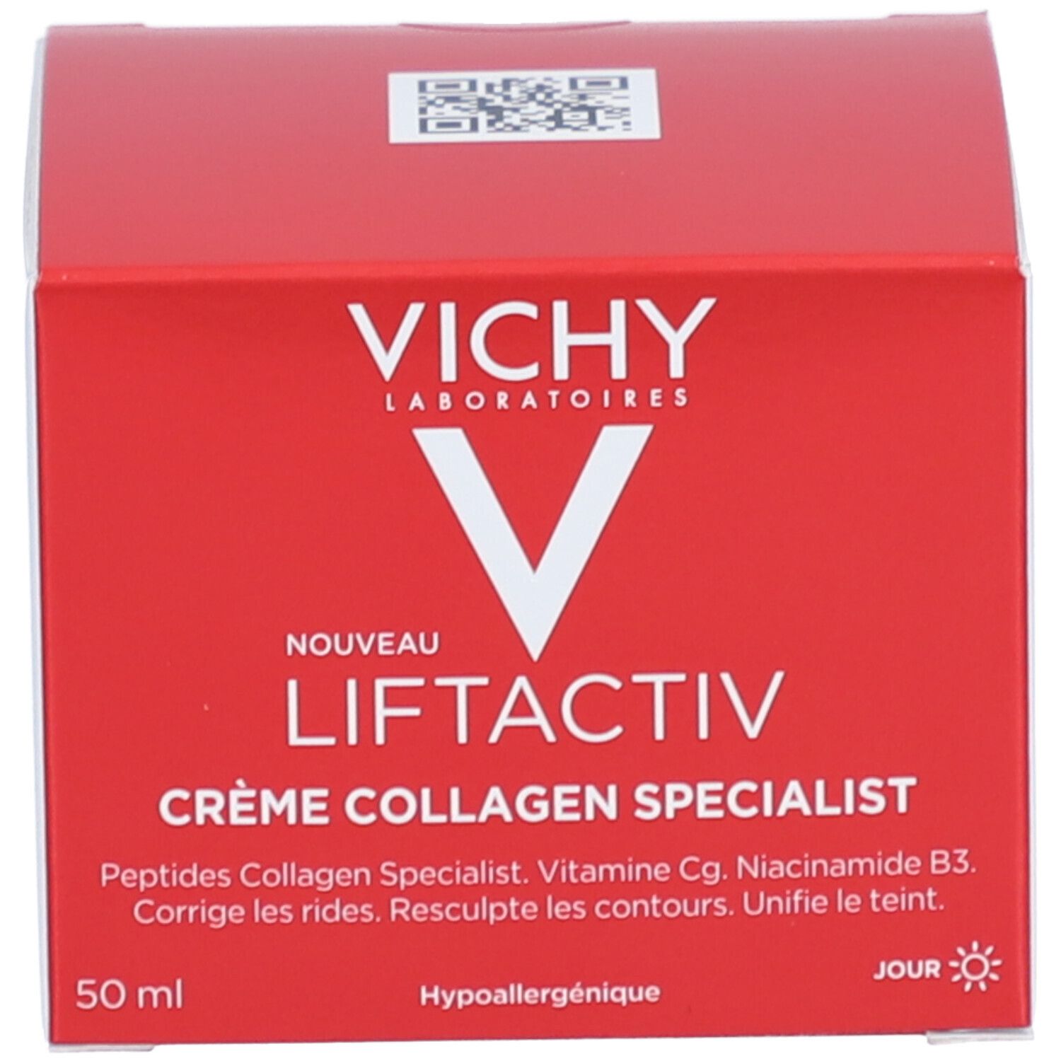 Rode verpakking. VICHY-logo en productnaam: Liftactiv Collagen Specialist, 50 ml.