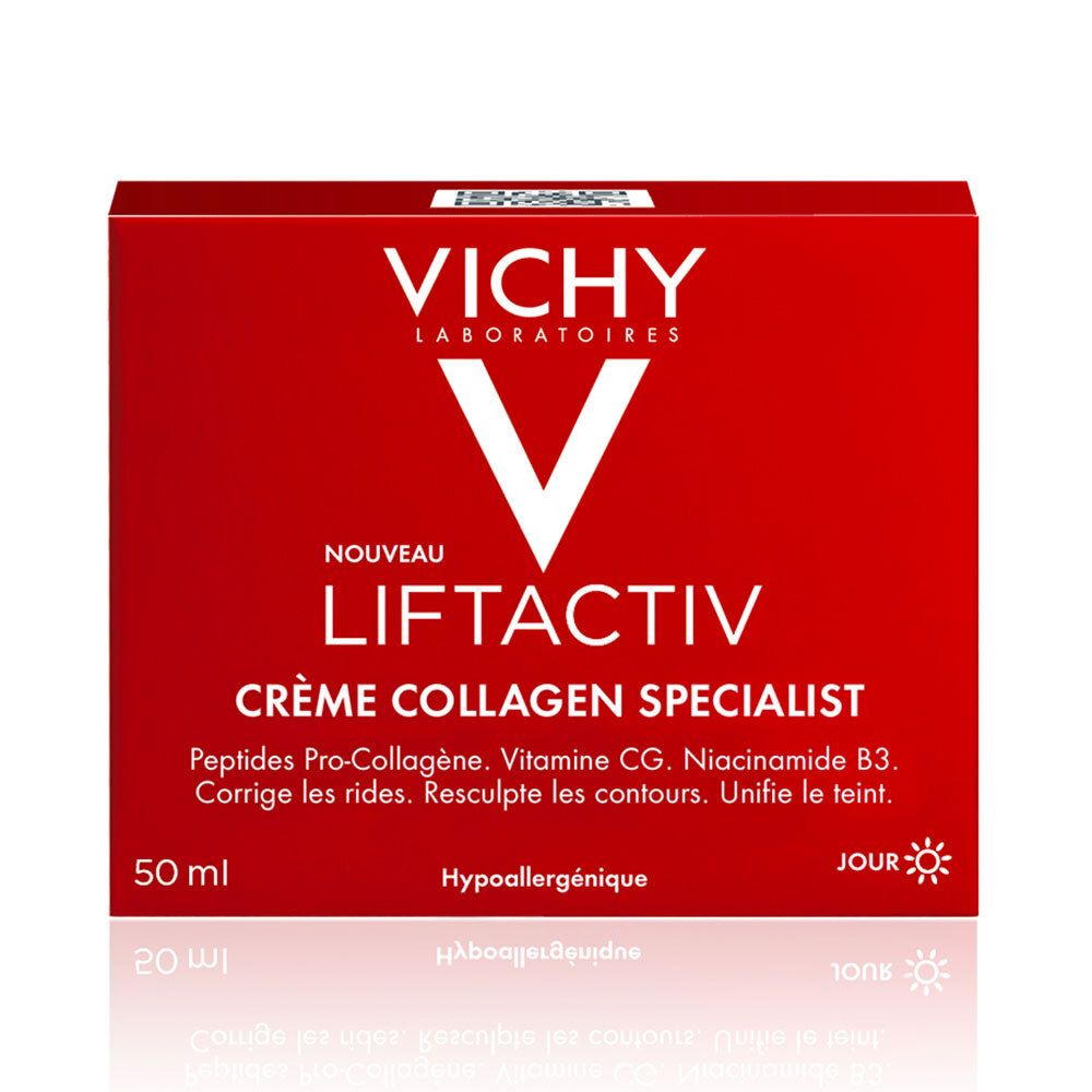 Rode VICHY-verpakking. Liftactiv Crème Collagen Specialist, 50 ml. Met peptiden, vitamine CG, niacinamide B3.