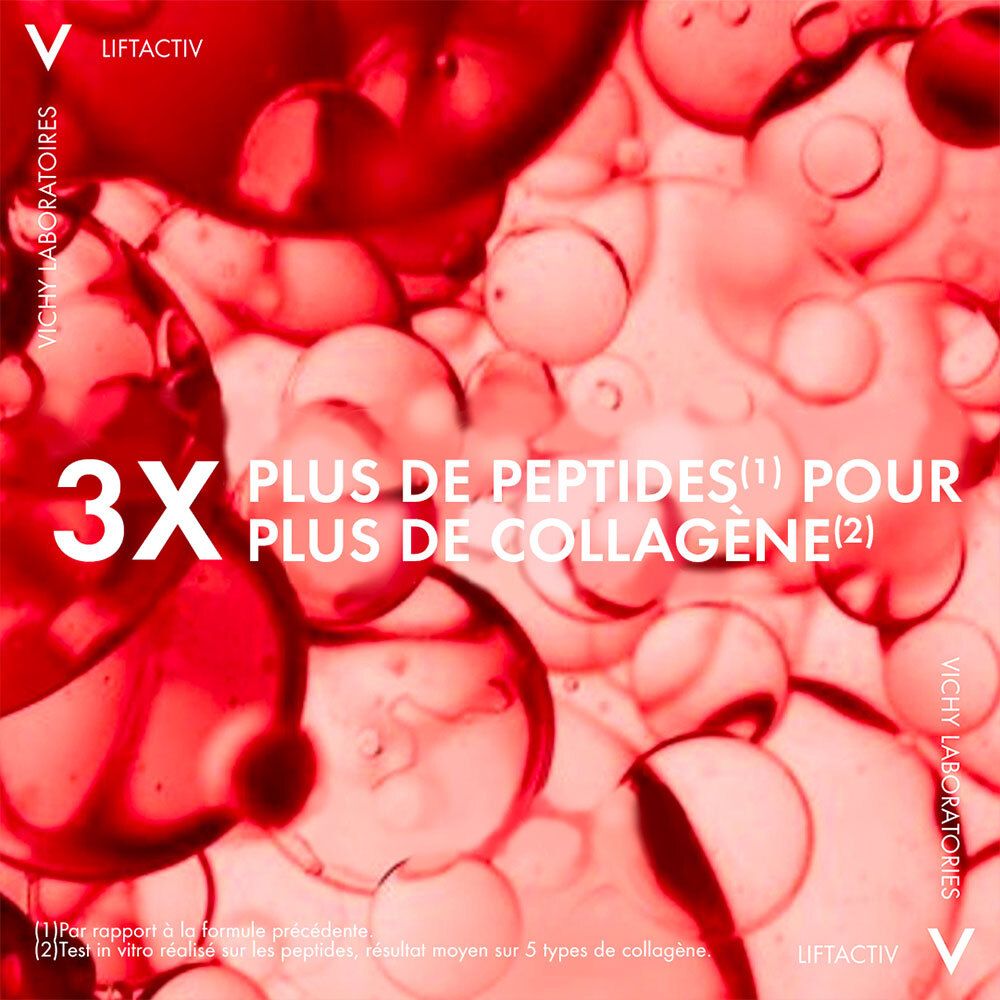 Afbeelding met rode bellen en tekst: 3X meer peptiden voor meer collageen. VICHY-logo.