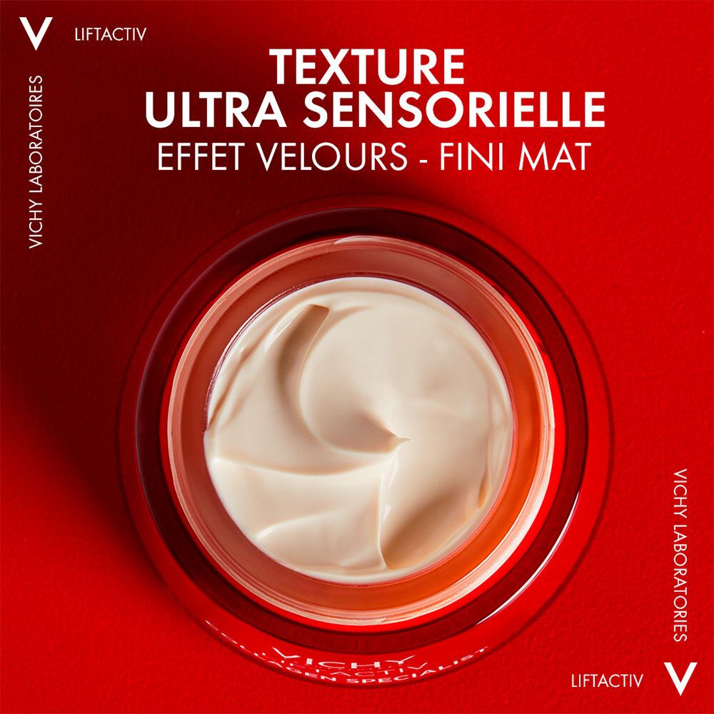 Crème in rode pot. Tekst: Ultra sensorische textuur, fluweelzacht effect, matte finish. VICHY-logo.