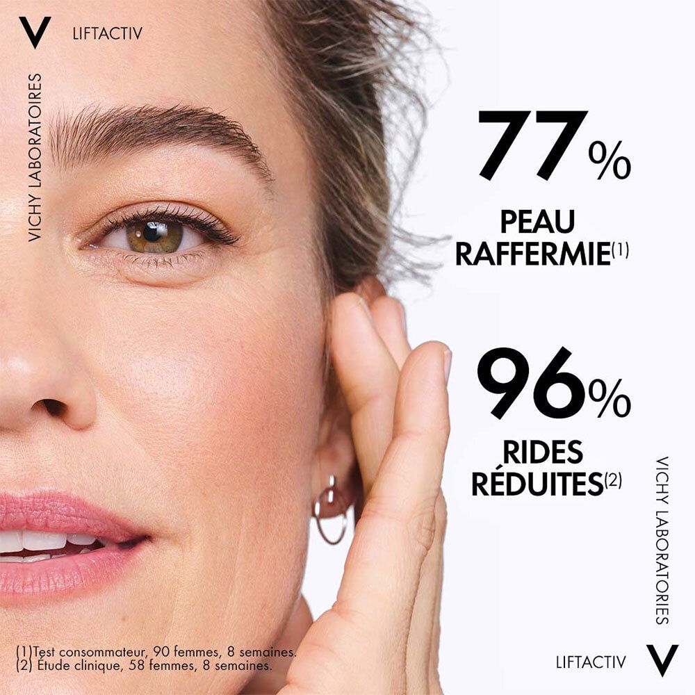 Gezicht van een vrouw. Tekst: 77% stevigere huid, 96% minder rimpels. VICHY-logo.