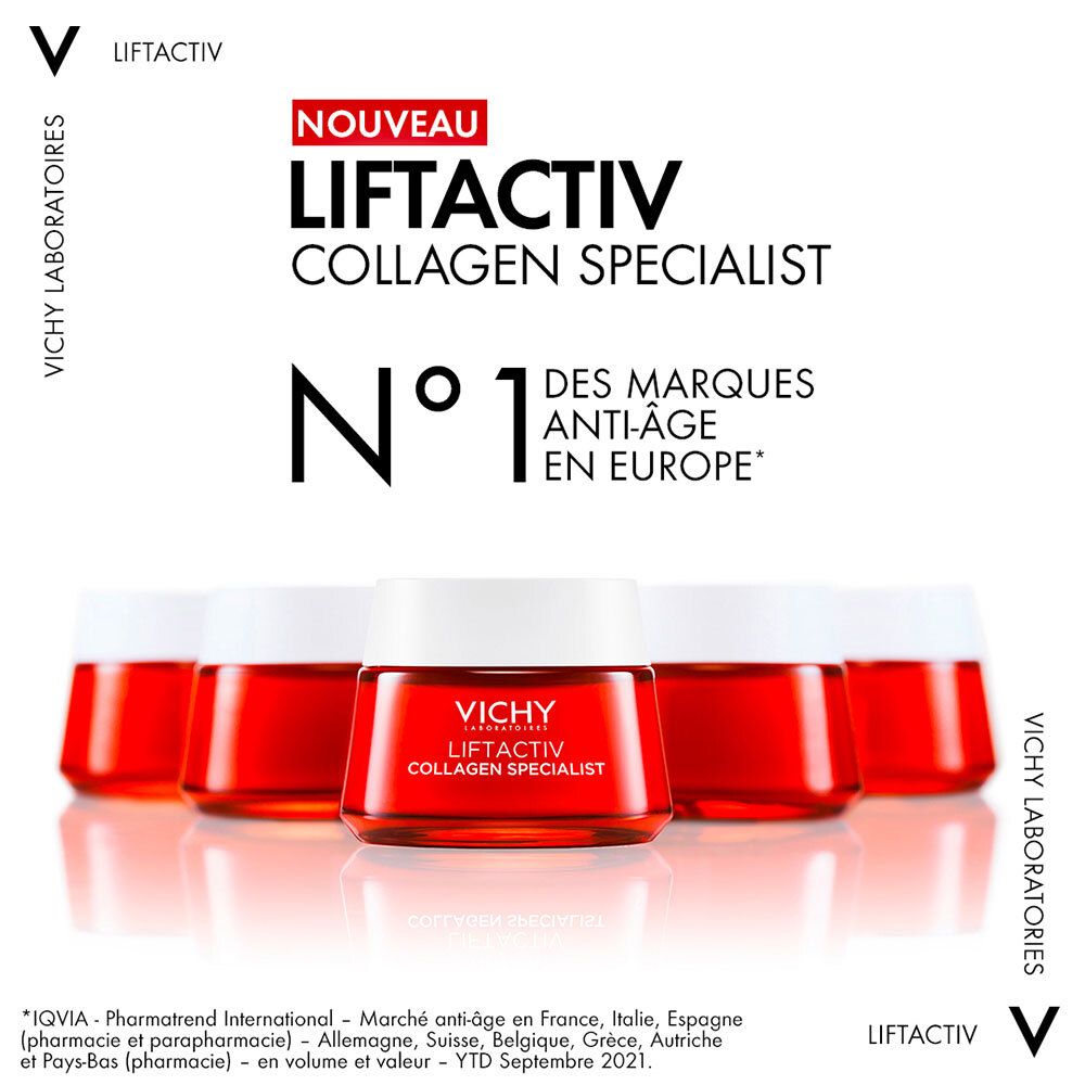 Vijf rode potten met witte deksel. Tekst: Nr. 1 anti-aging merk in Europa. VICHY-logo.