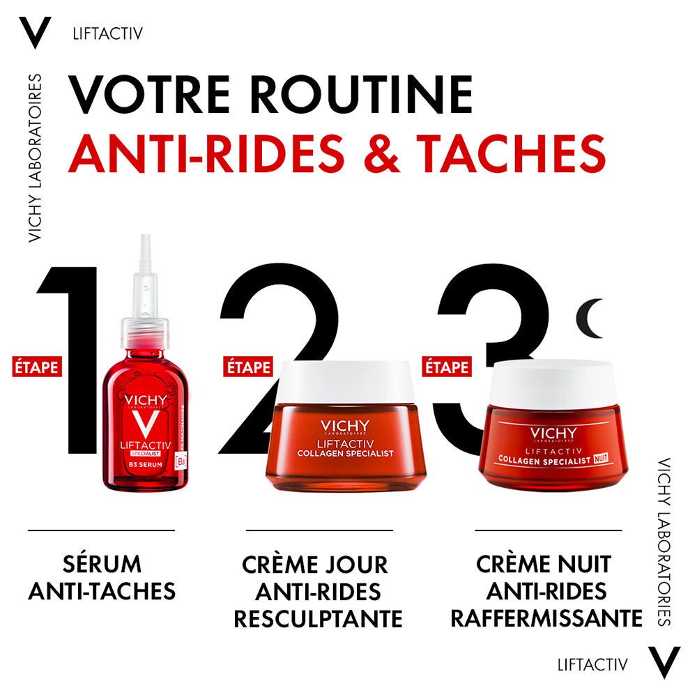 Drie producten: serum, dagcrème, nachtcrème. Tekst: Anti-rimpel & vlekken routine. VICHY-logo.
