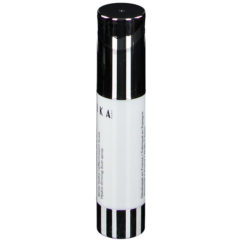 Flacon cylindrique, bouchon noir, rayures. Inscription: TALIKA, Hydro-firming bust spray.