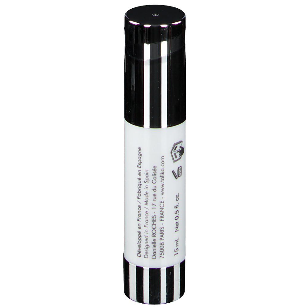 Flacon cylindrique, bouchon noir, rayures. Texte: 15 ml, Net 0.5 fl. oz. Fabriqué en Espagne.