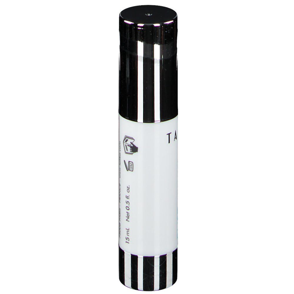 Flacon cylindrique, bouchon noir, rayures. Texte: 15 ml, Net 0.5 fl. oz. Logo.