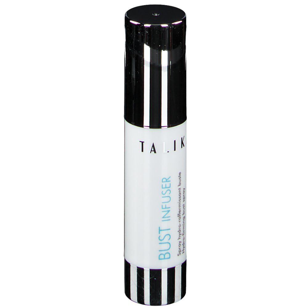 Flacon cylindrique, bouchon noir, rayures. Inscription: TALIKA, BUST INFUSER, Hydro-reaffermissant buste.