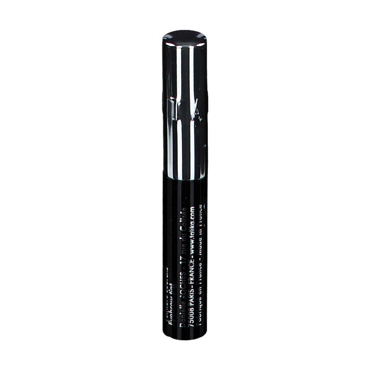 Zwarte wenkbrauwverf tube. Zilveren dop, zwarte behuizing met witte tekst. Tekst: TALIKA, www.talika.com, made in France.