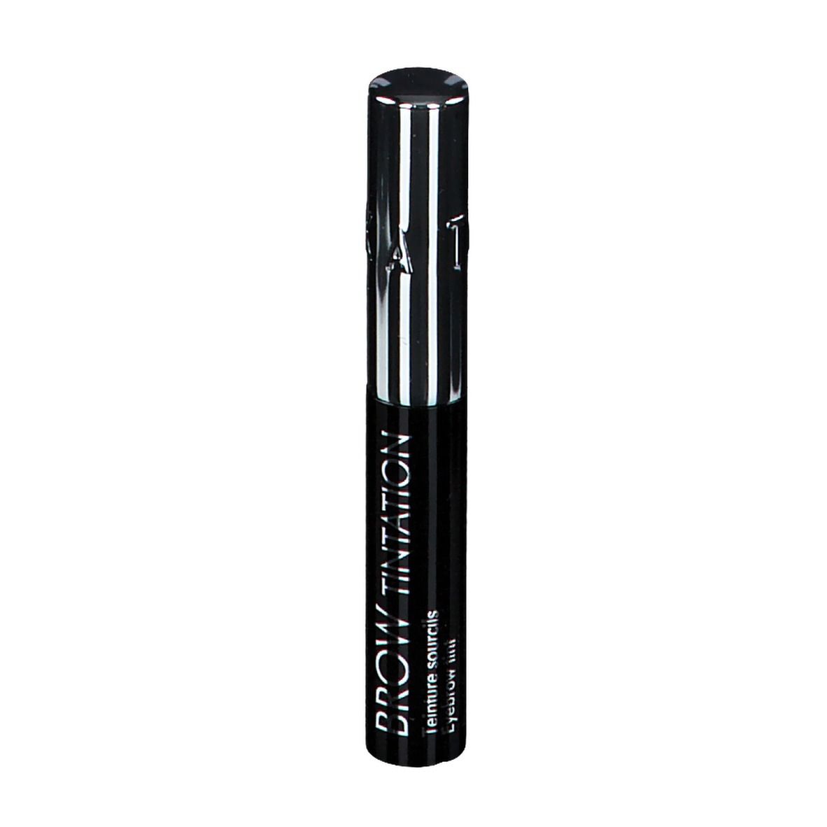 Zwarte wenkbrauwverf tube. Zilveren dop, zwarte behuizing met witte tekst: BROW TINTATION. Tekst: Jennifer Circus, Eyebrow Ink.