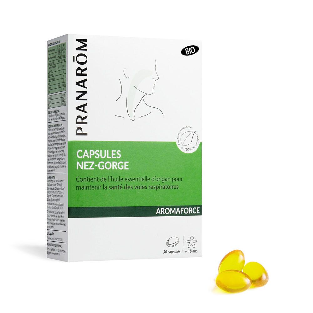 Schachtel mit Pranarôm AROMAFORCE Hals-Nasen-Kapseln. 30 Kapseln, Bio-Zertifizierung. Gelbe Kapseln daneben.
