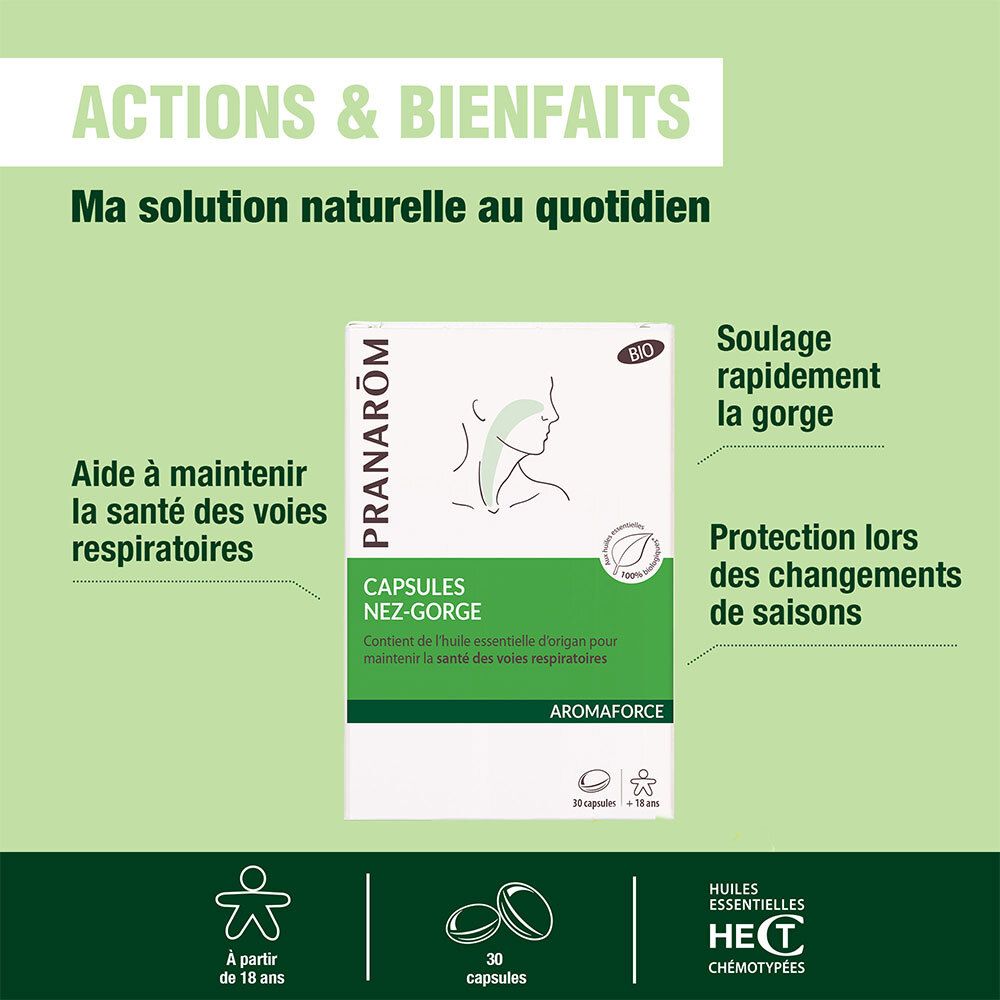 Infographie avec Pranarôm AROMAFORCE Capsules Nez-Gorge. Avantages : voies respiratoires, gorge, protection saisonnière. 30 capsules, +18 ans.