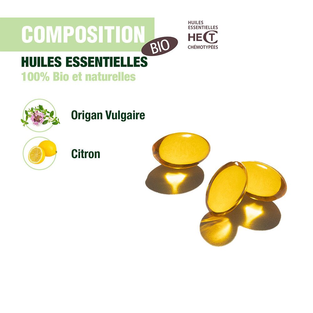 Infografik mit Inhaltsstoffen: ätherische Öle, 100% Bio. Oregano, Zitrone. Gelbe Kapseln mit Schatten.