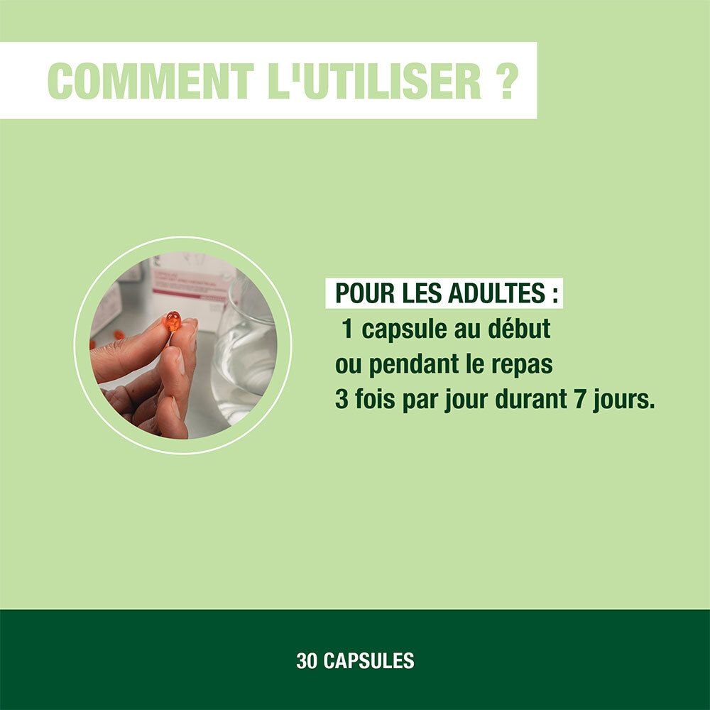 Instructions : 1 capsule au début ou pendant le repas, 3 fois par jour pendant 7 jours. Main tenant une capsule.