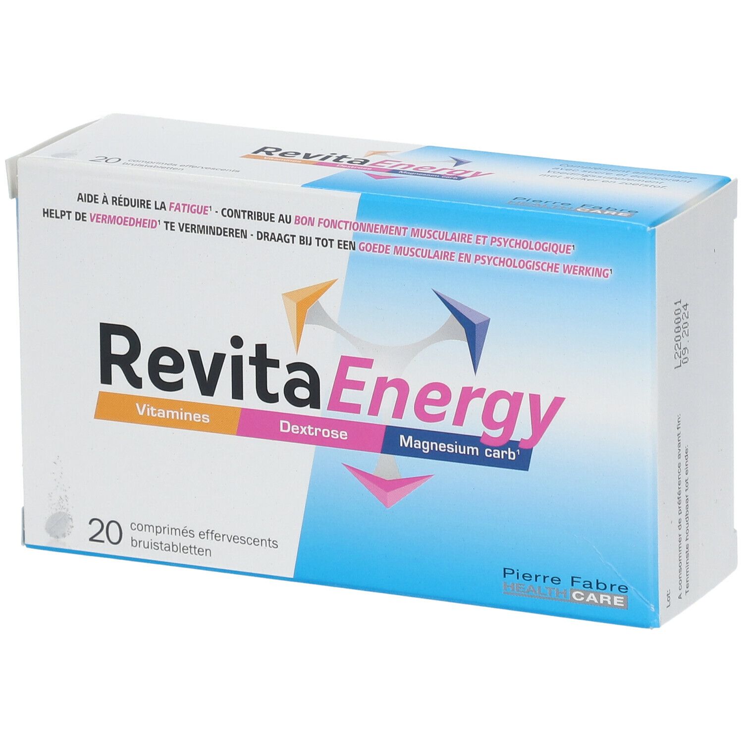 Boîte de RevitaEnergy. Contient 20 comprimés effervescents. Inscriptions: Vitamines, Dextrose, Magnesium carb.