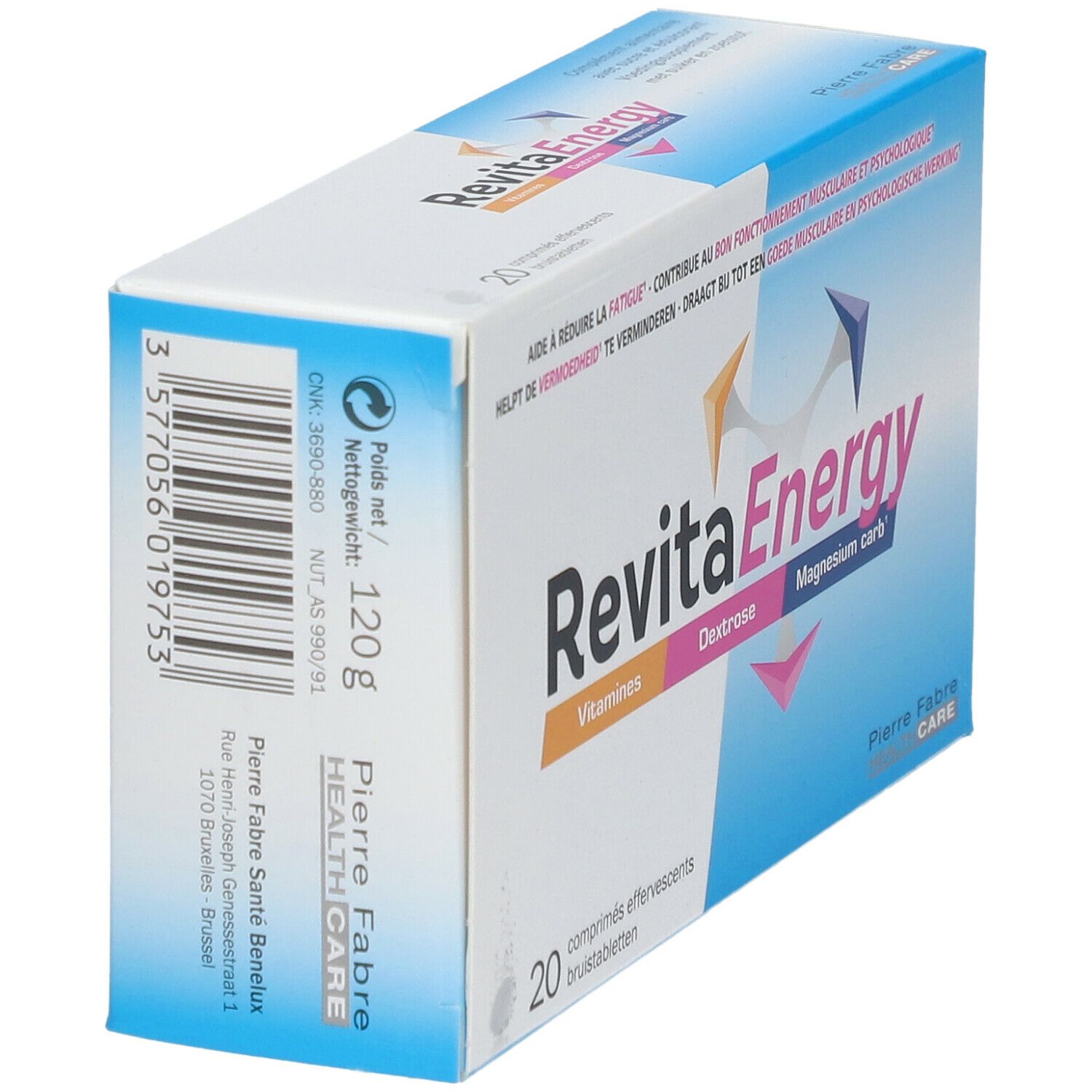 Boîte RevitaEnergy, vue latérale. Contient 20 comprimés effervescents. Inscriptions: Vitamines, Dextrose, Magnesium carb.
