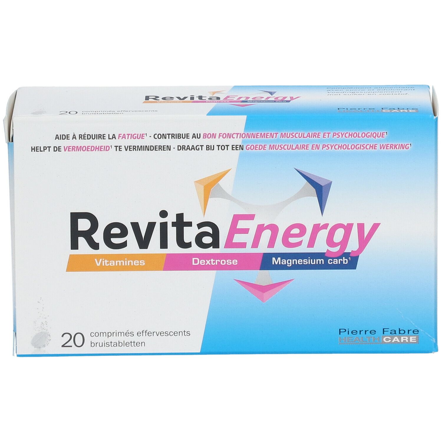 Boîte de RevitaEnergy. Contient 20 comprimés effervescents. Inscriptions: Vitamines, Dextrose, Magnesium carb.