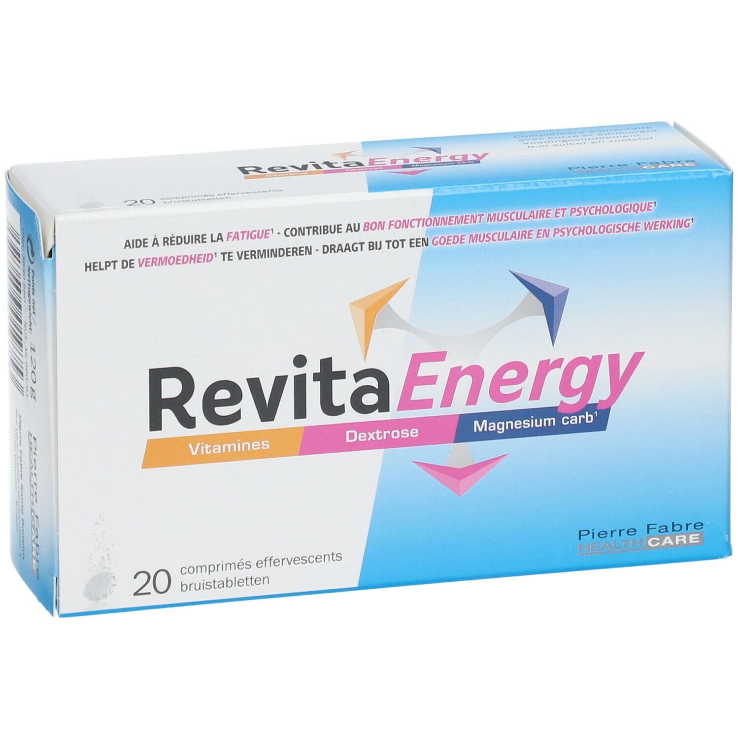 Boîte de RevitaEnergy. Contient 20 comprimés effervescents. Inscriptions: Vitamines, Dextrose, Magnesium carb.