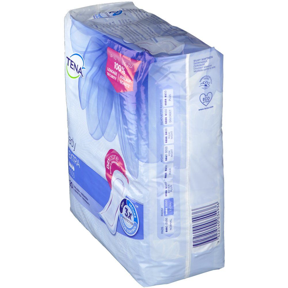TENA Lady Extra Packung. Sichtbar: Produktname, blaue Verpackung, Produktabbildung, 3X Schutz-Symbol, 100% Sicherheit.