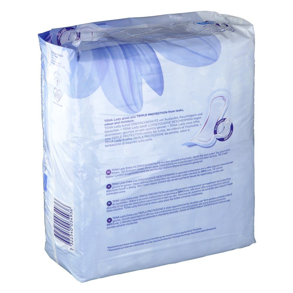 Rückseite der TENA Lady Extra Verpackung. Text in mehreren Sprachen, Produktabbildung, blaue Verpackung.