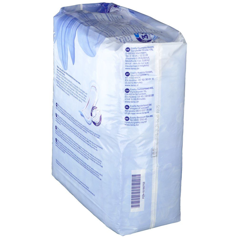 Seitenansicht der TENA Lady Extra Verpackung. Text, Produktabbildung, blaue Verpackung.