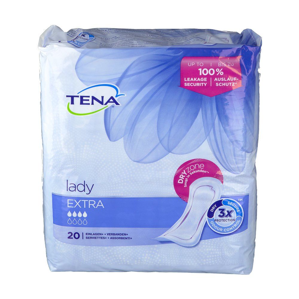 TENA Lady Extra Packung. Sichtbar: Produktname, 20 Stück, 3X Schutz, Dry Zone, blaue Verpackung.