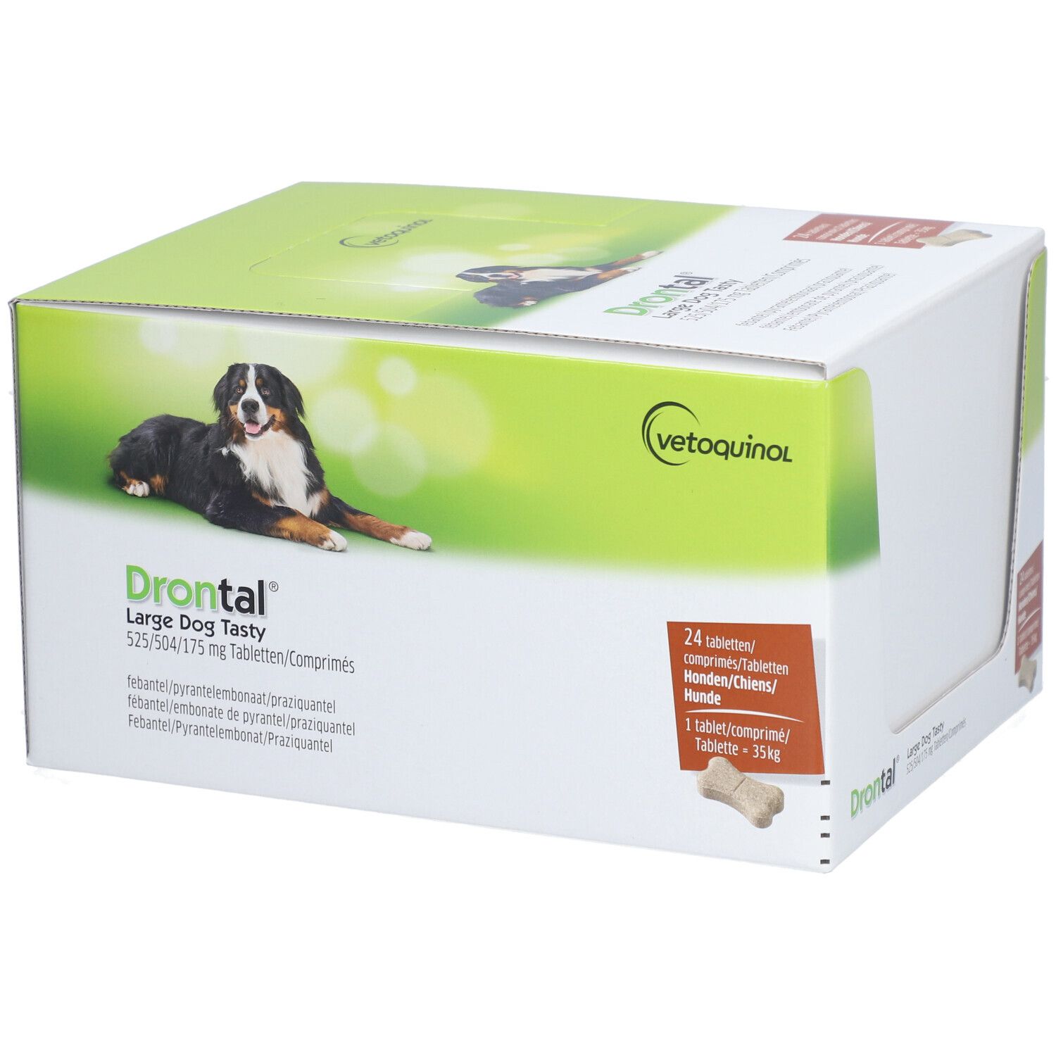 Emballage Drontal Large Dog Tasty. 24 comprimés. Chien sur l'emballage. Logo Vetoquinol.