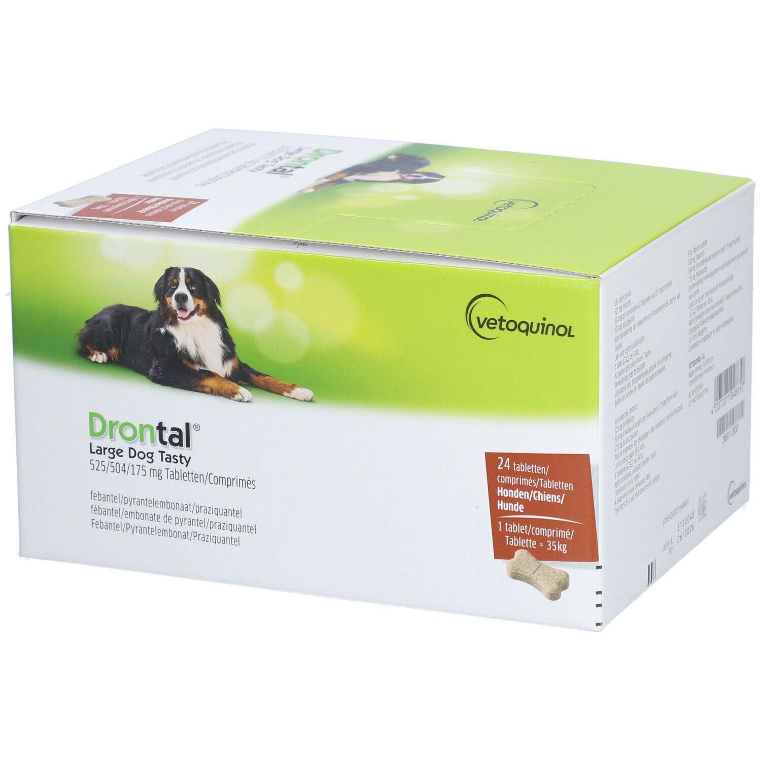 Emballage Drontal Large Dog Tasty. 24 comprimés. Chien sur l'emballage. Logo Vetoquinol.