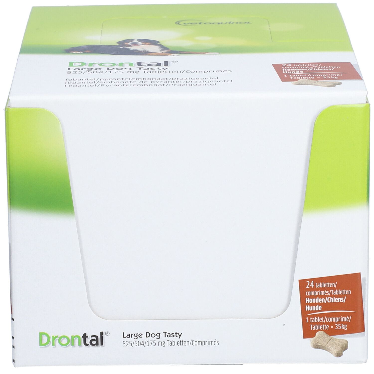Boîte ouverte de Drontal Large Dog Tasty. 24 comprimés. Chien sur l'emballage. Logo Vetoquinol.