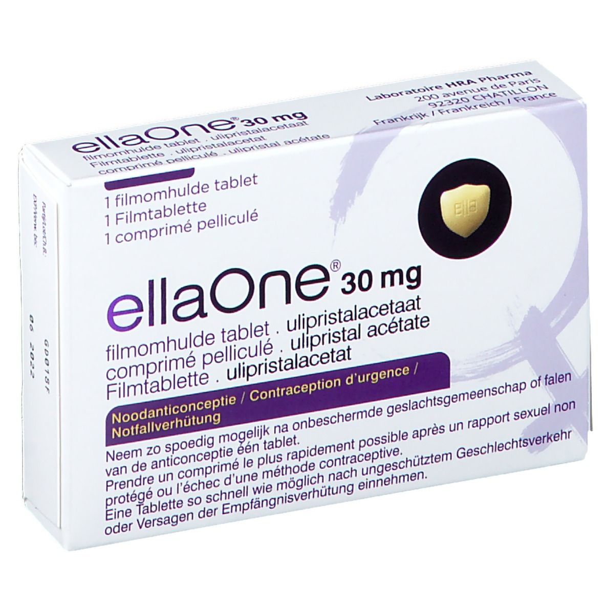 Boîte ellaOne 30 mg. Contient 1 comprimé. Visible : nom du produit, dosage, ingrédients, notice d'utilisation.