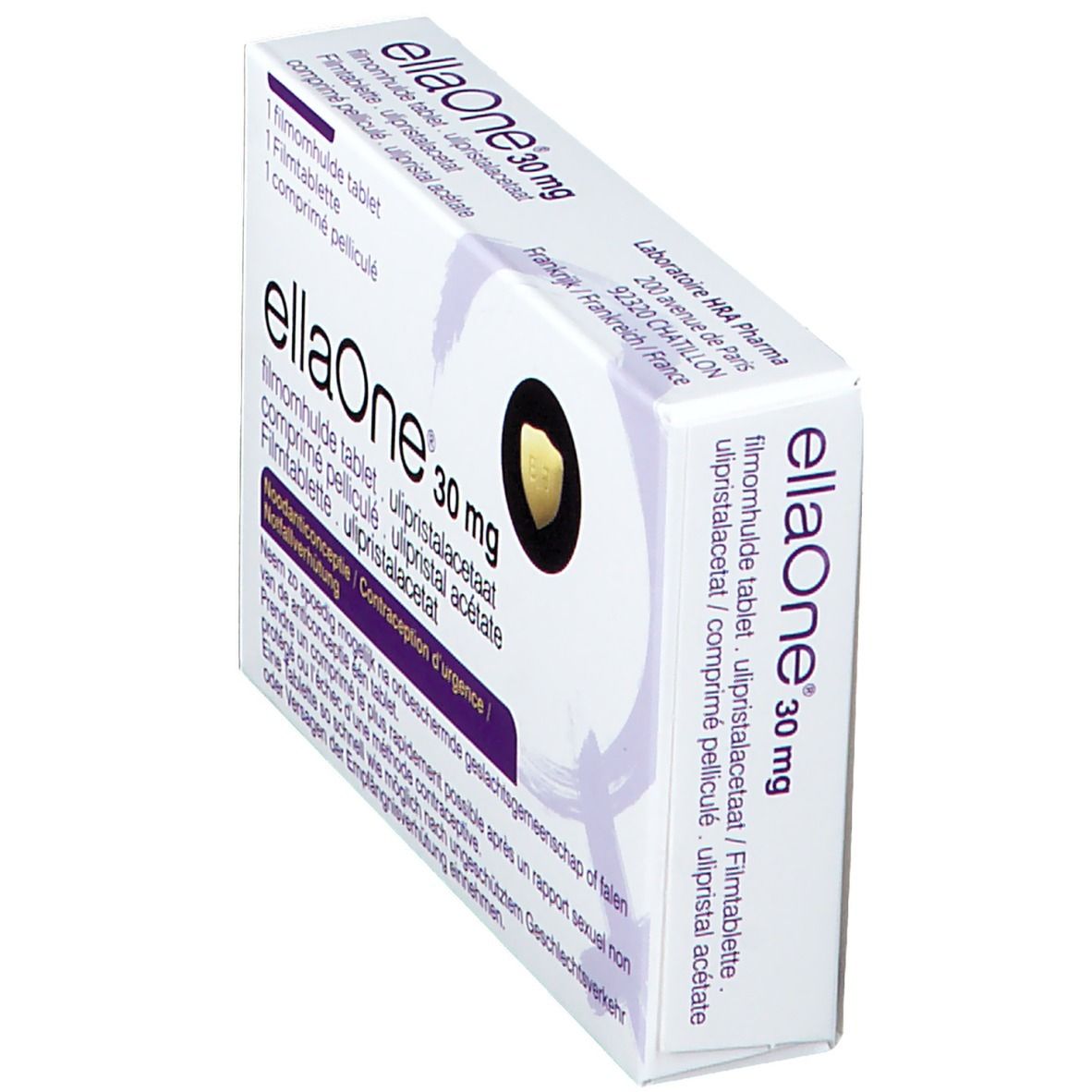 Boîte ellaOne 30 mg en biais. Nom du produit, dosage, ingrédients et un comprimé visible.