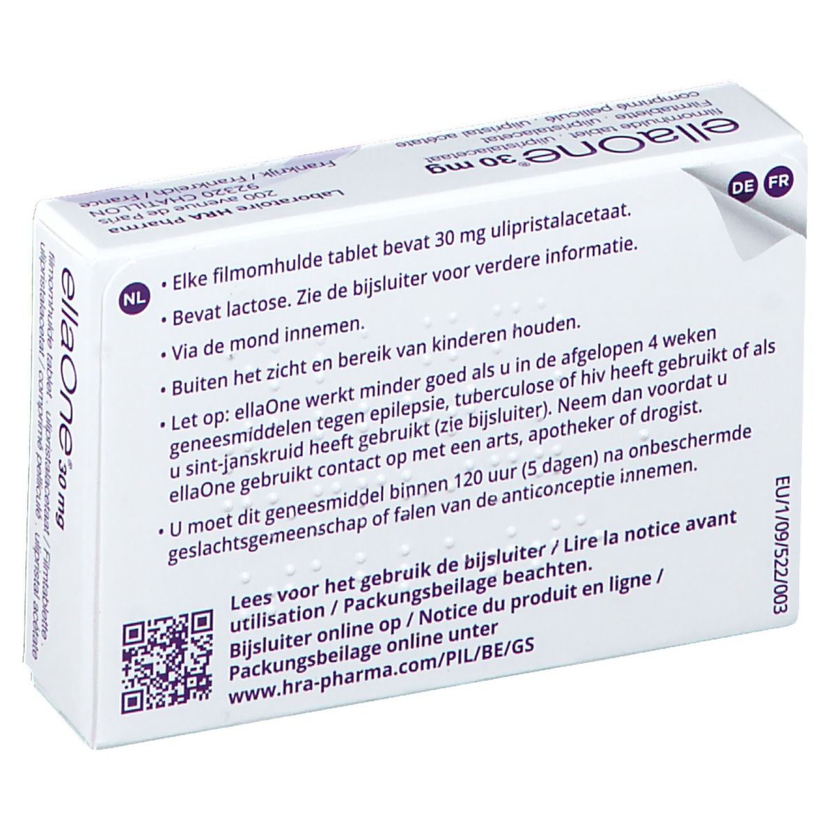 Dos de la boîte ellaOne 30 mg. Texte multilingue. Code QR et coordonnées.