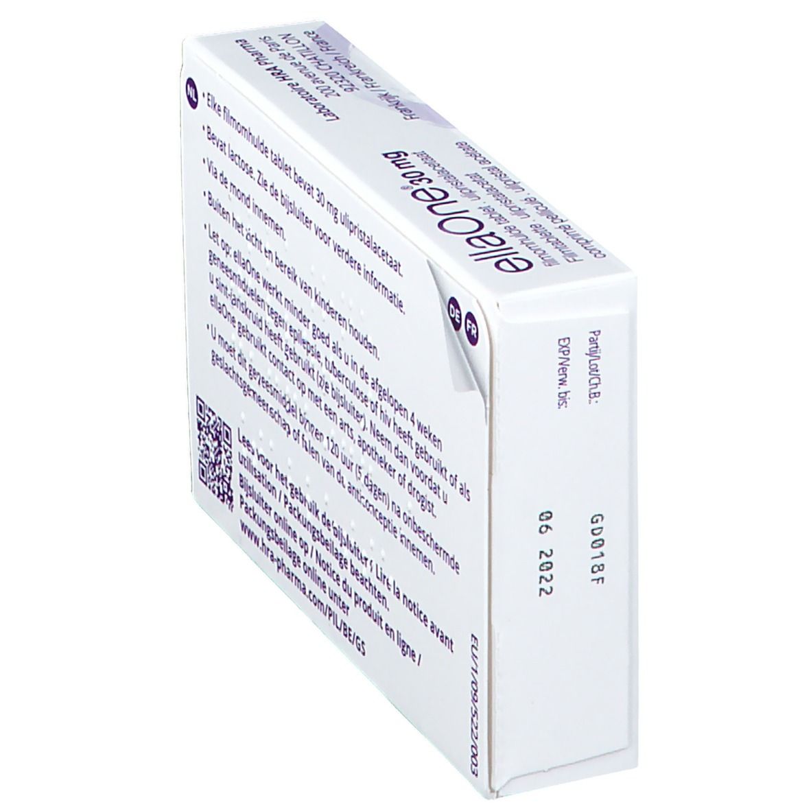 Côté de la boîte ellaOne 30 mg. Texte multilingue. Date de péremption.