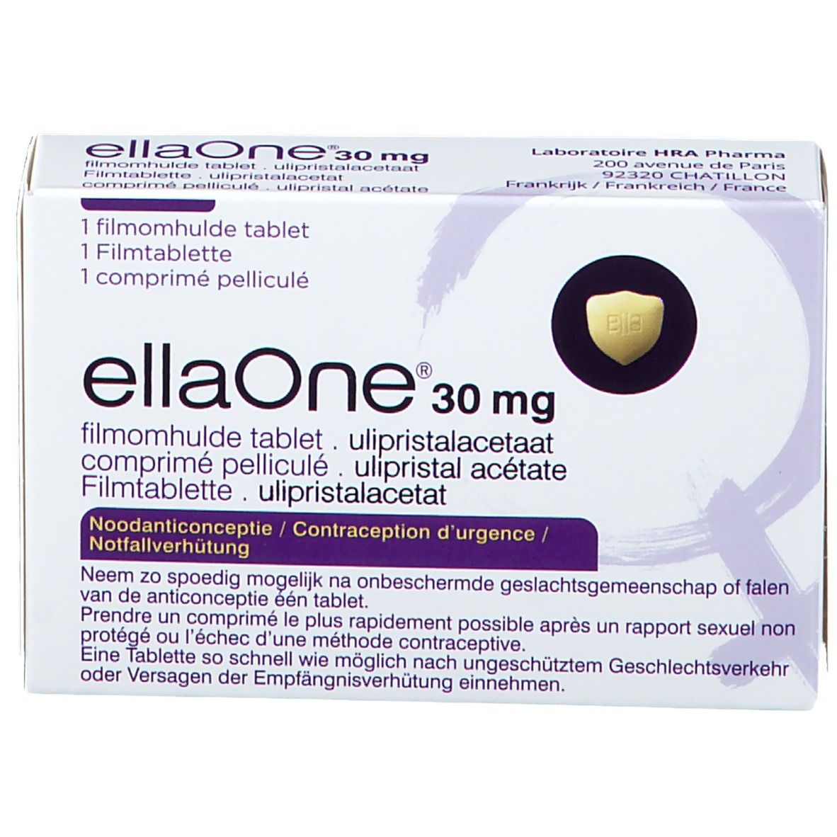 Boîte ellaOne 30 mg. Contient 1 comprimé. Visible : nom du produit, dosage, ingrédients, notice d'utilisation.