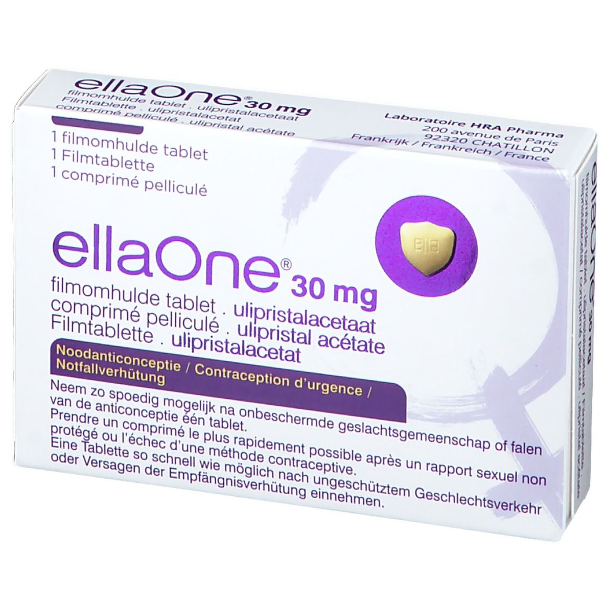 Boîte ellaOne 30 mg. Contient 1 comprimé. Visible : nom du produit, dosage, ingrédients, notice d'utilisation.