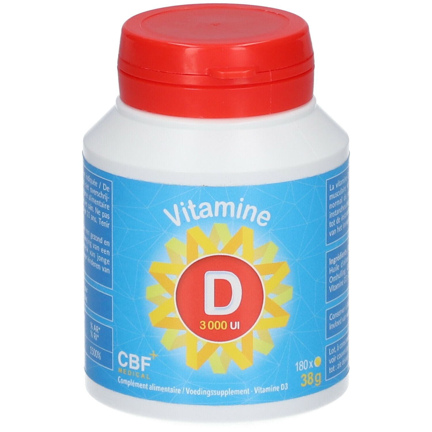 Witte fles met rode dop. Opschrift: Vitamine D 3000 UI. Merk: CBF. Blauwe en gele elementen.