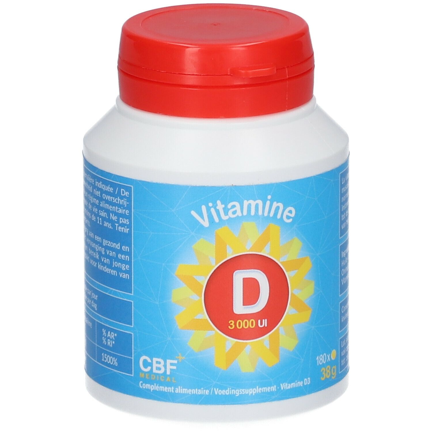 Witte fles met rode dop. Opschrift: Vitamine D 3000 UI. Merk: CBF. Blauwe en gele elementen.