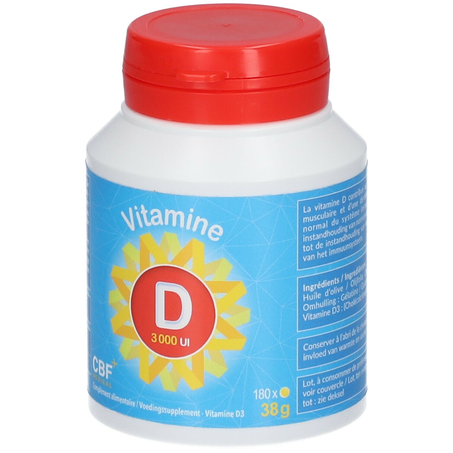 Witte fles met rode dop. Opschrift: Vitamine D 3000 UI. Merk: CBF. Blauwe en gele elementen.
