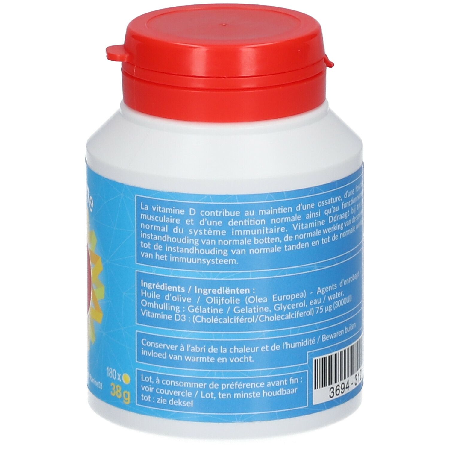 Witte fles met rode dop. Opschrift: Vitamine D 3000 UI. Merk: CBF. Blauwe en gele elementen.