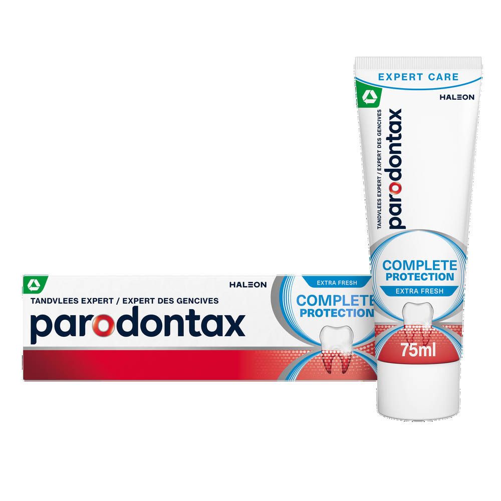 Tube de dentifrice parodontax Extra Fresh, 75ml. Blanc, bleu, rouge. Symbole dent et gencive.