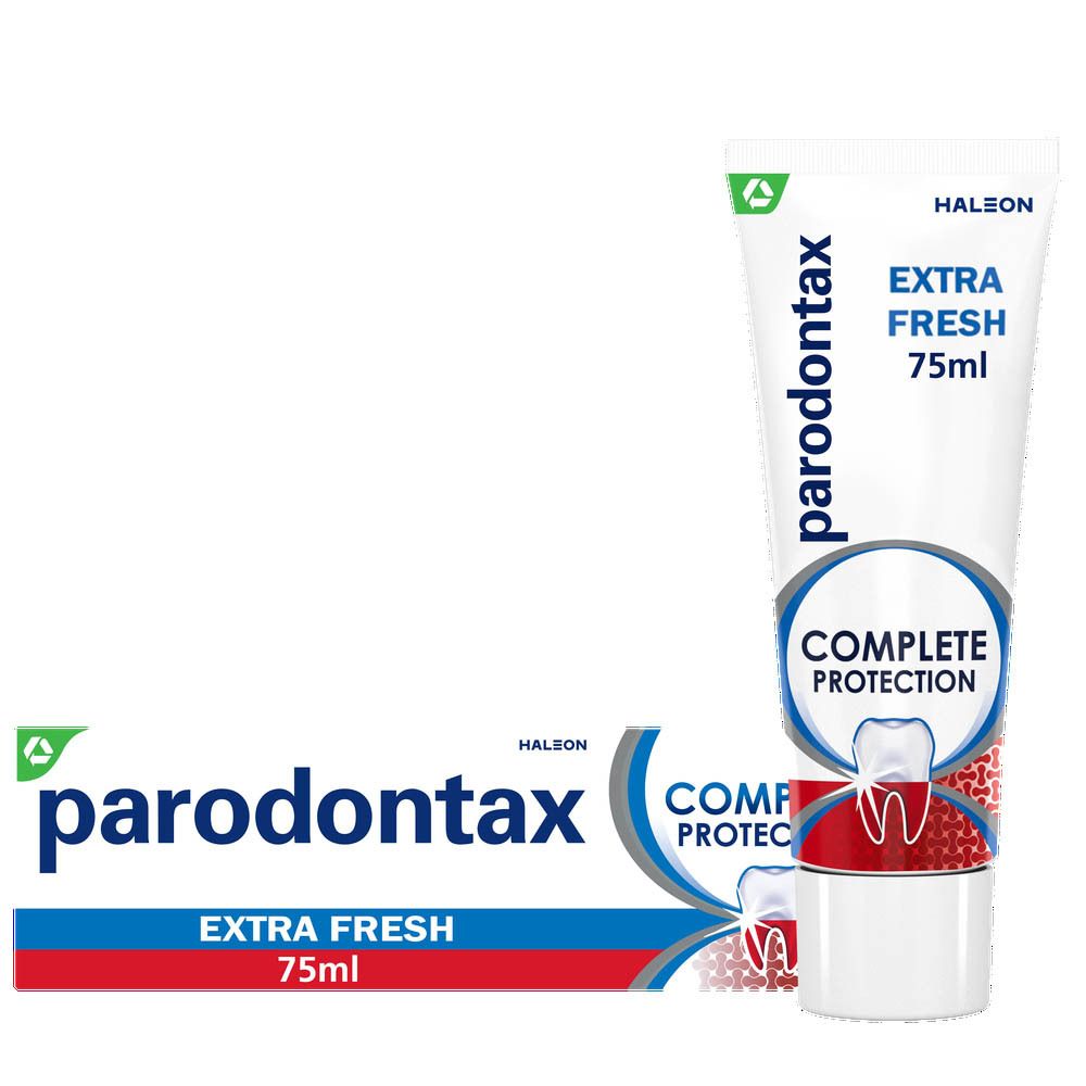 Tandpastatube parodontax, extra fris, Complete Protection. Wit, blauw, rood. 75ml.