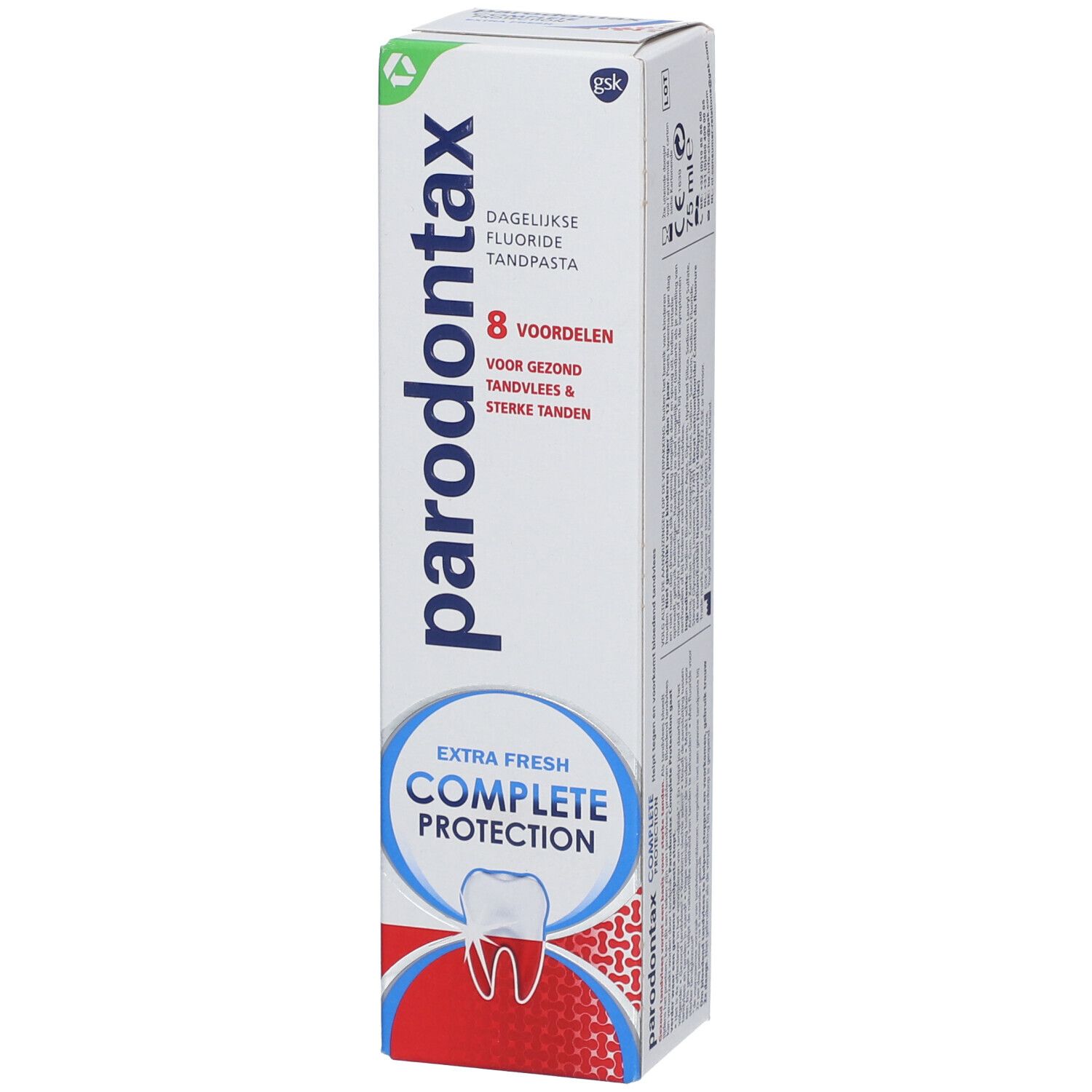 Tandpastadoos parodontax Complete Protection, extra fris. Wit, blauw, rood. Tand- en tandvleessymbool.